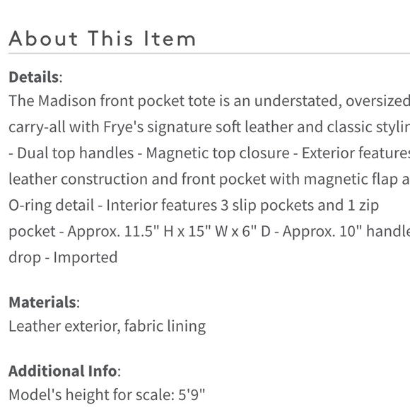 Frye Madison Leather  Tote with Front Pocket Stone - Picture 8 of 10